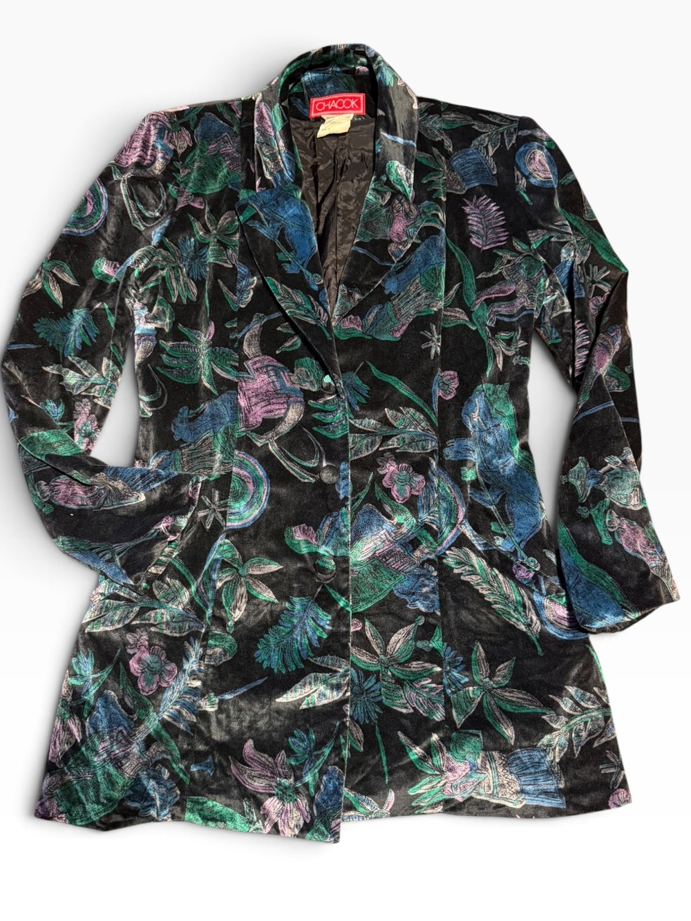 Chacok France Black Velvet Blazer with Green & Purple Floral Motif S